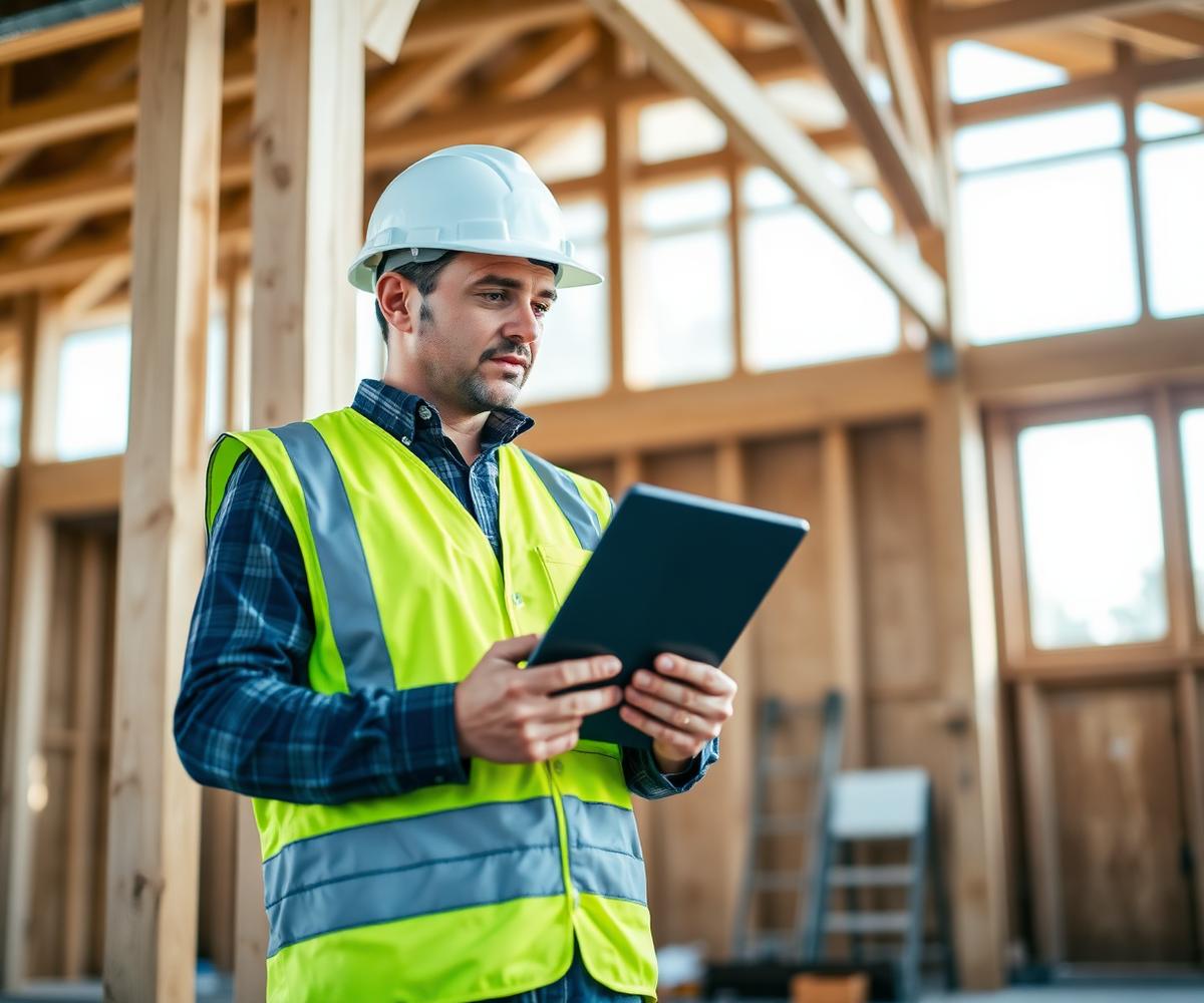 Meta building certifier inspecting a residential timber frame
